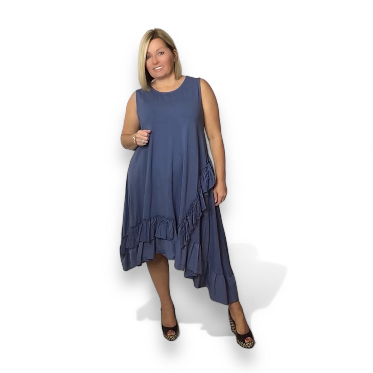 MAGGIE. Jersey ruffle trim dip hem dress.