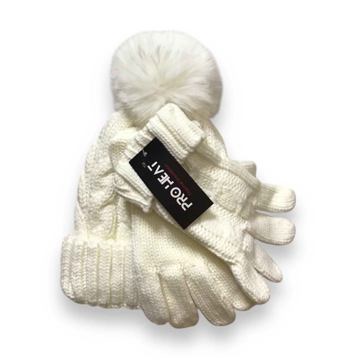 Maya. Cozy Plush Lined Cable Knit Pompom Hat & Matching Gloves.