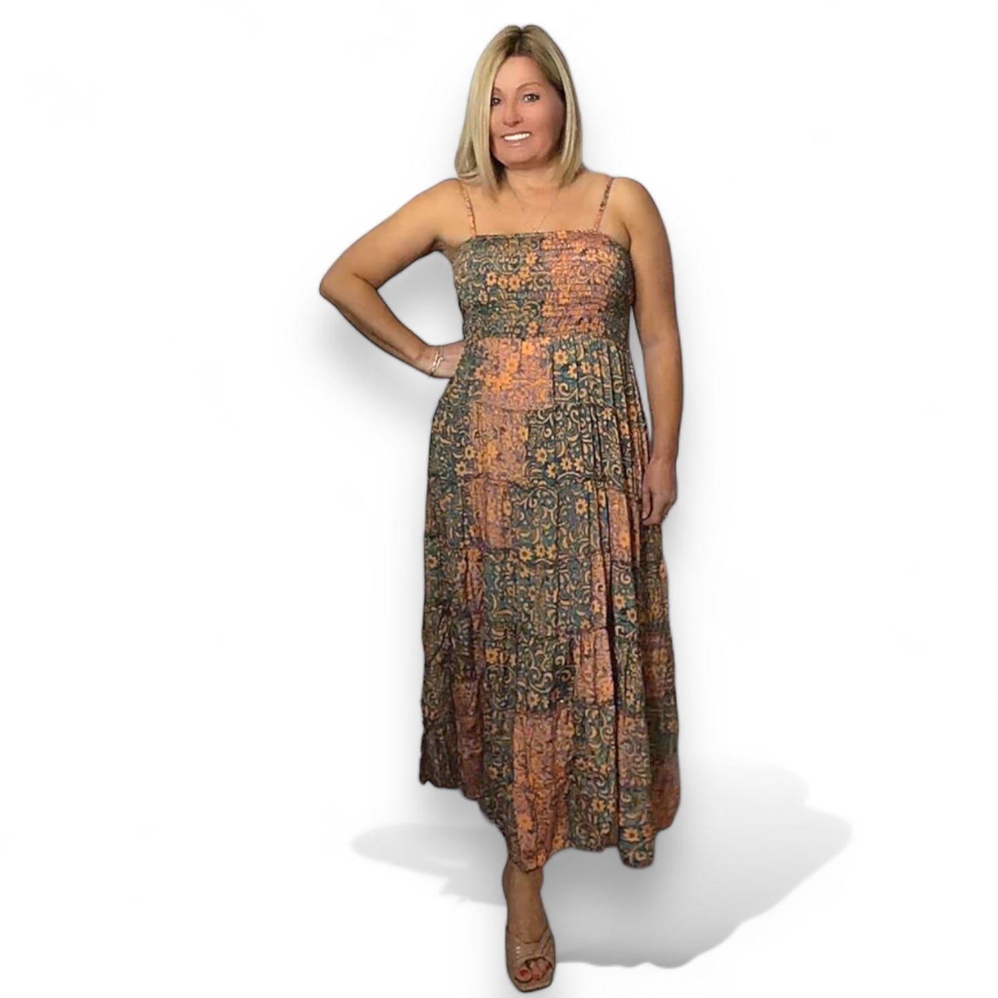 CHERYL. Boho Smocked bodice Midaxi Dress.