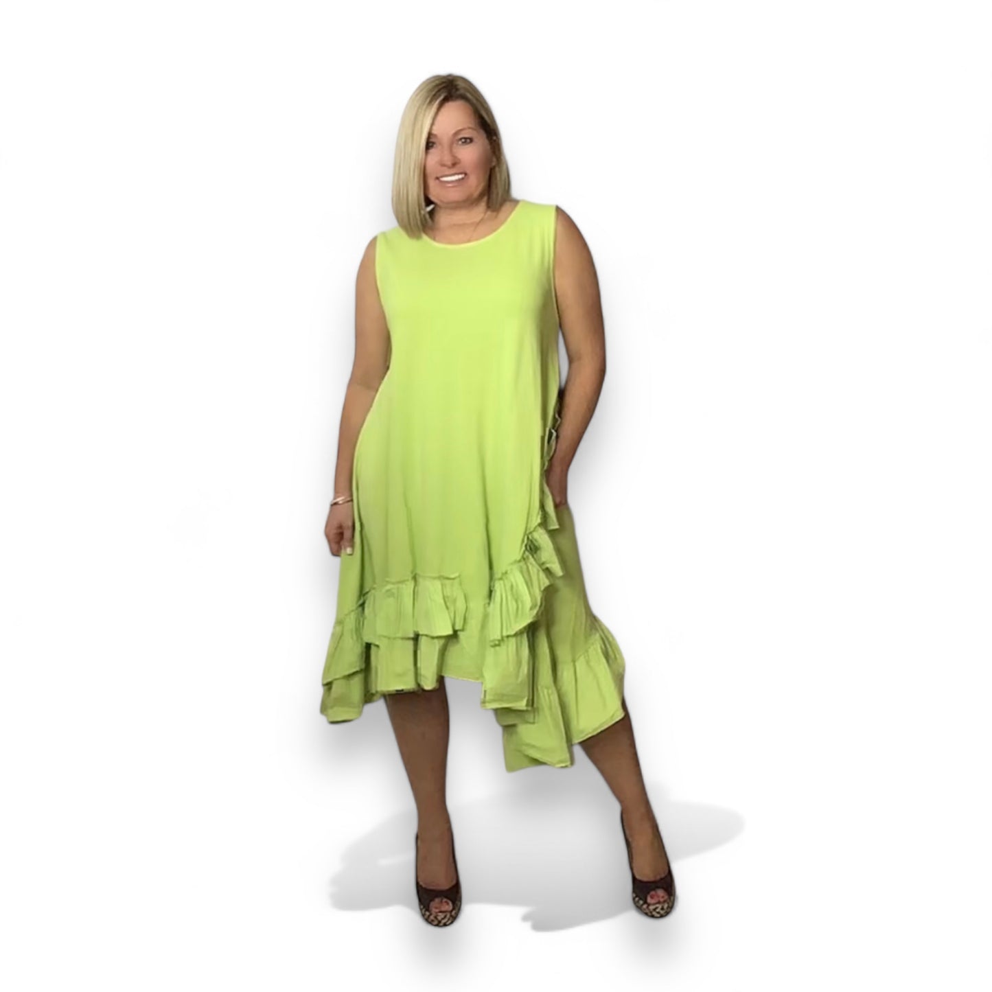 MAGGIE. Jersey ruffle trim dip hem dress.