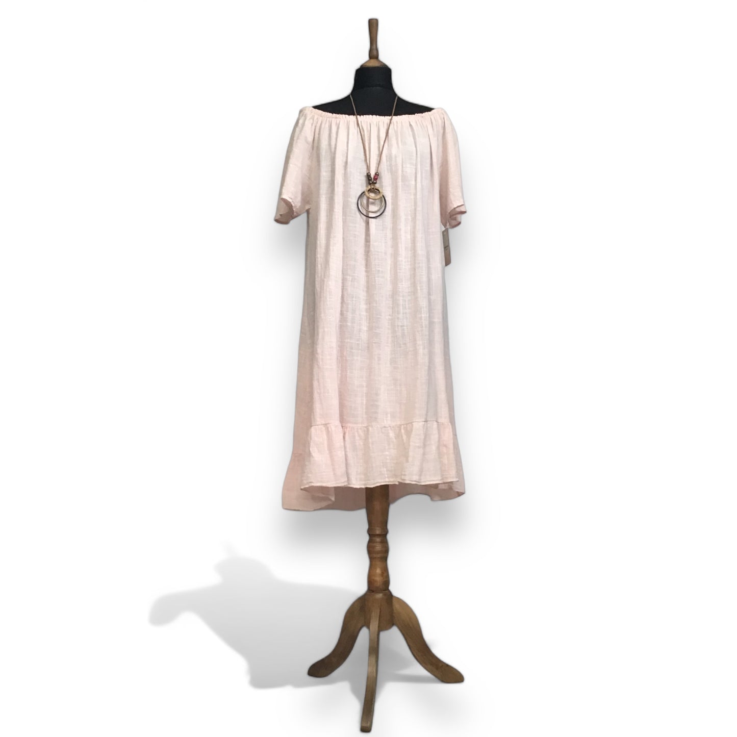 EMERSON. Linen Style on/off Shoulder Dress with Necklace