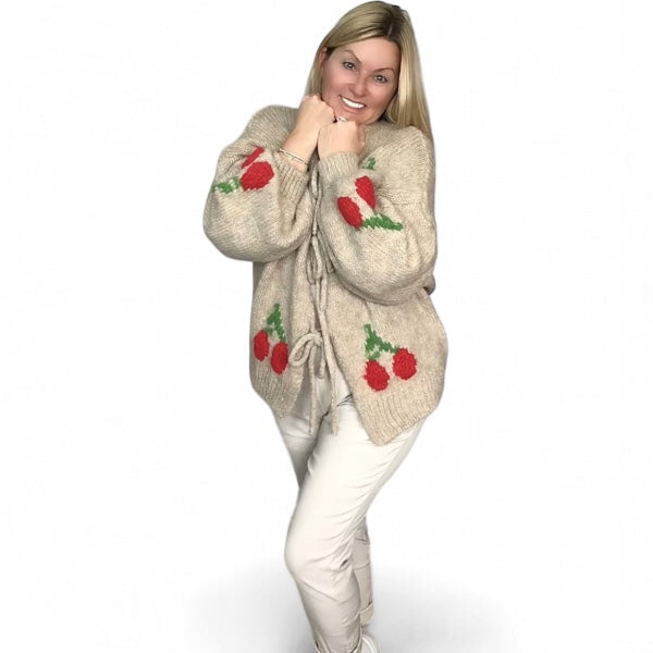 Sandy. Super Soft & Cozy Knitted Cardigan with Cherries to Front.