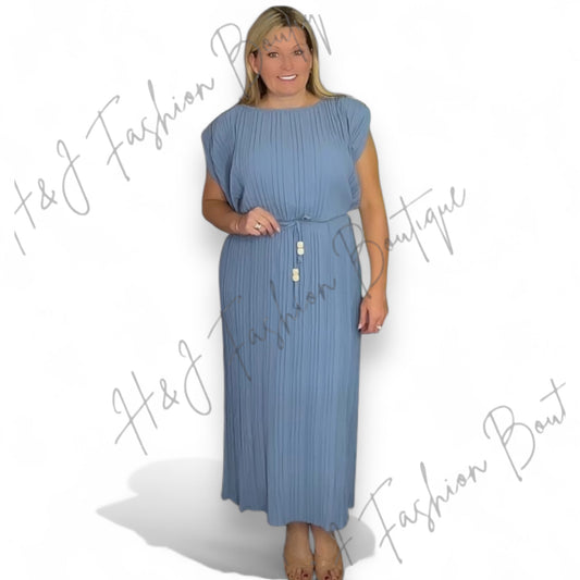Sally. Pleated Midi Dress with Tie Belt