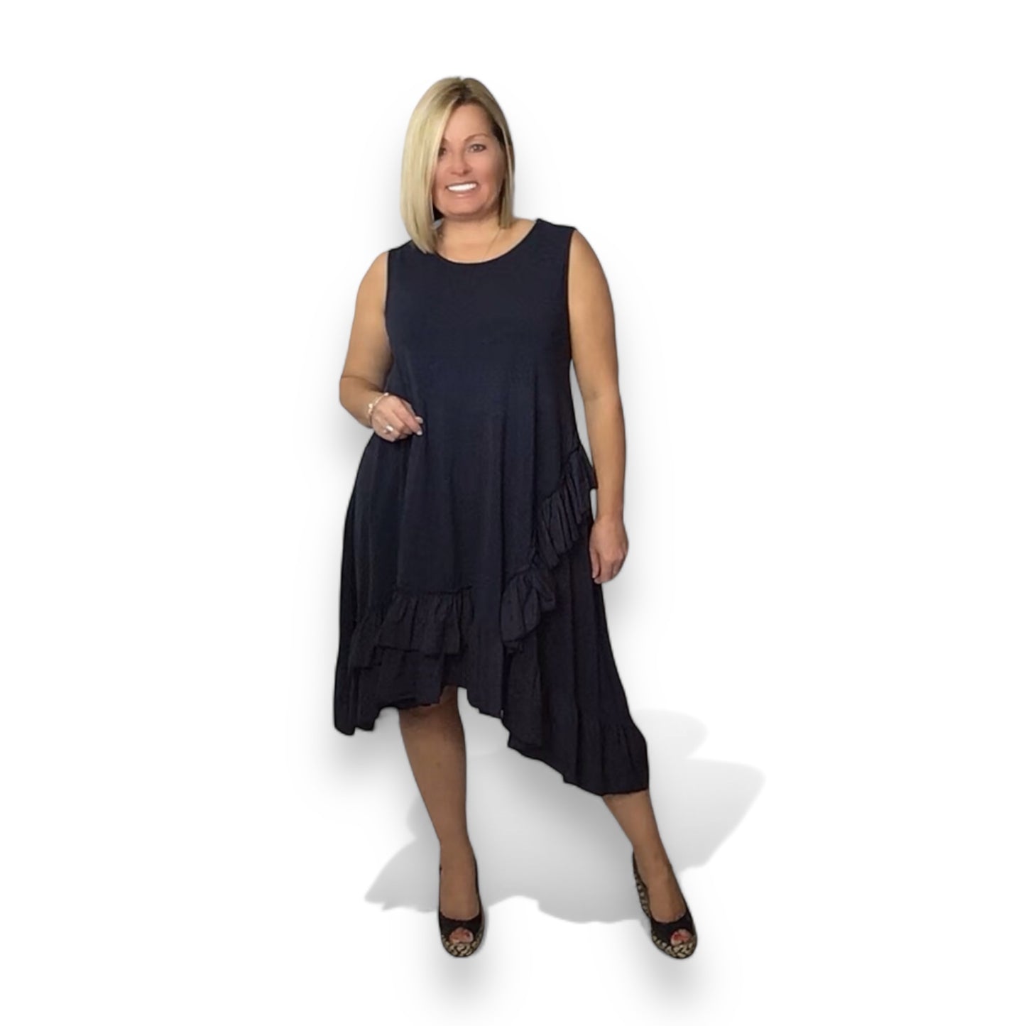 MAGGIE. Jersey ruffle trim dip hem dress.