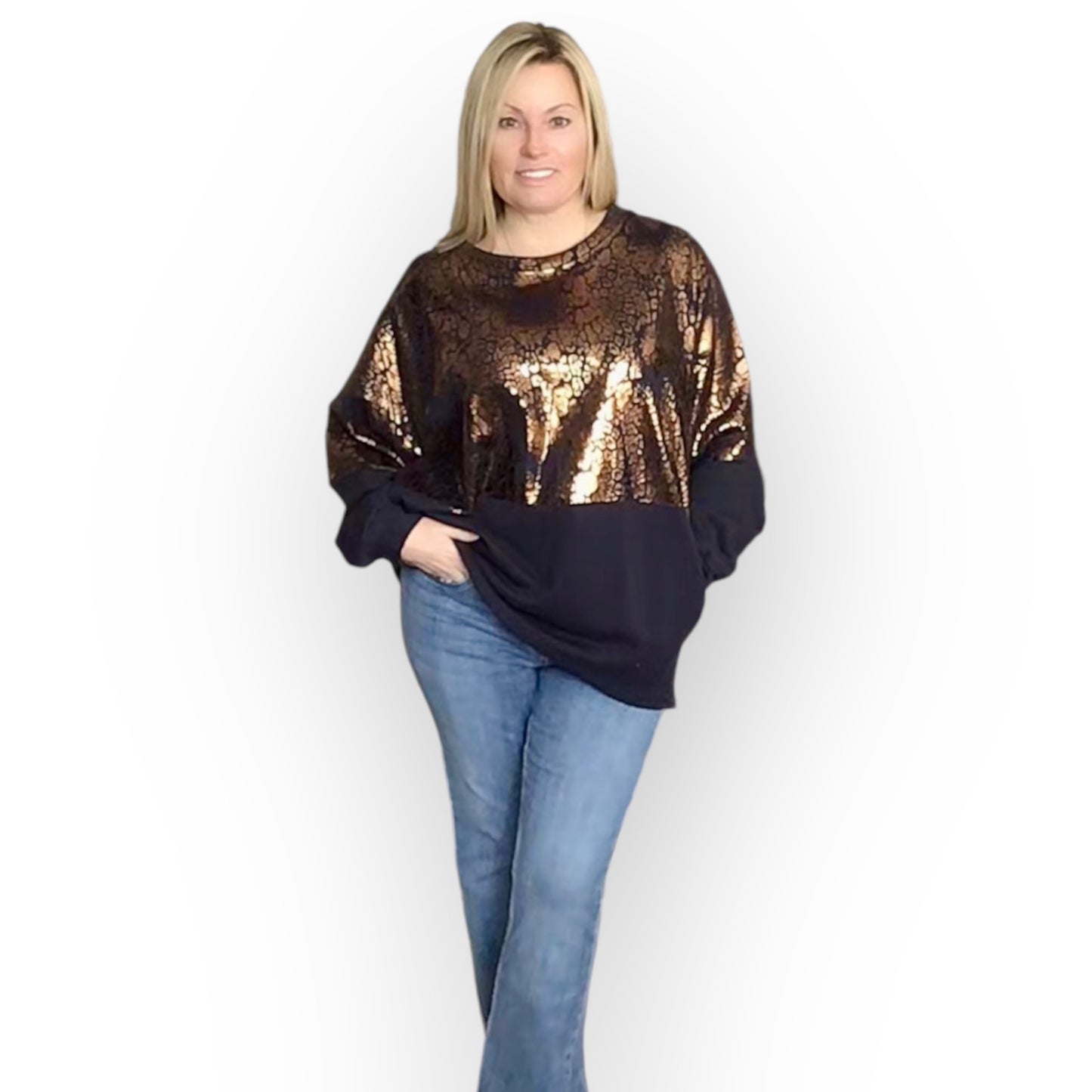 Marcella. Foil print Sweat top with Pockets.