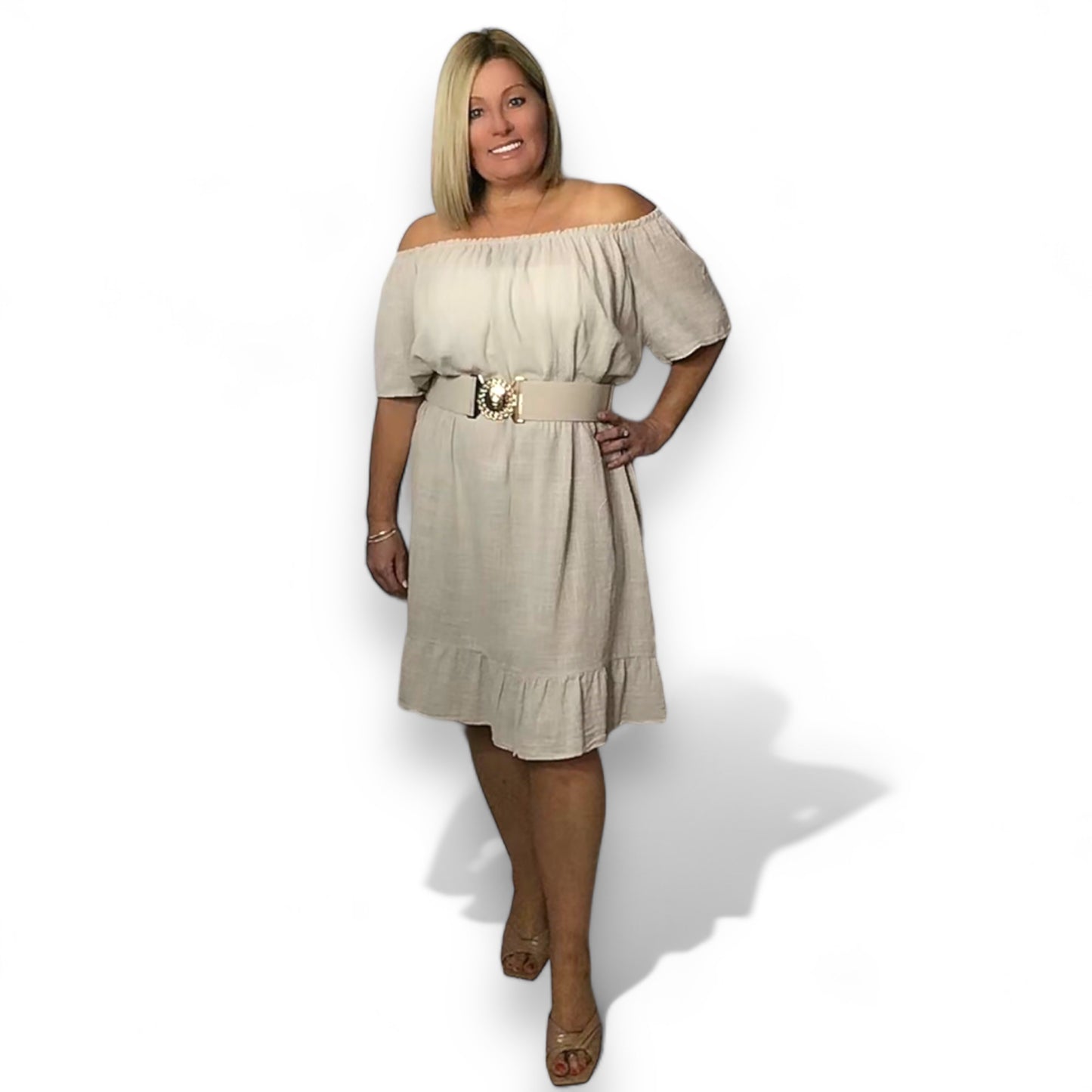 EMERSON. Linen Style on/off Shoulder Dress with Necklace