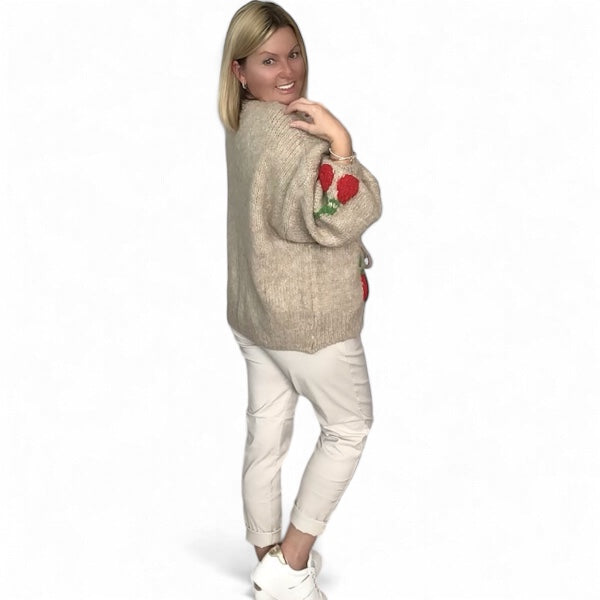 Sandy. Super Soft & Cozy Knitted Cardigan with Cherries to Front.