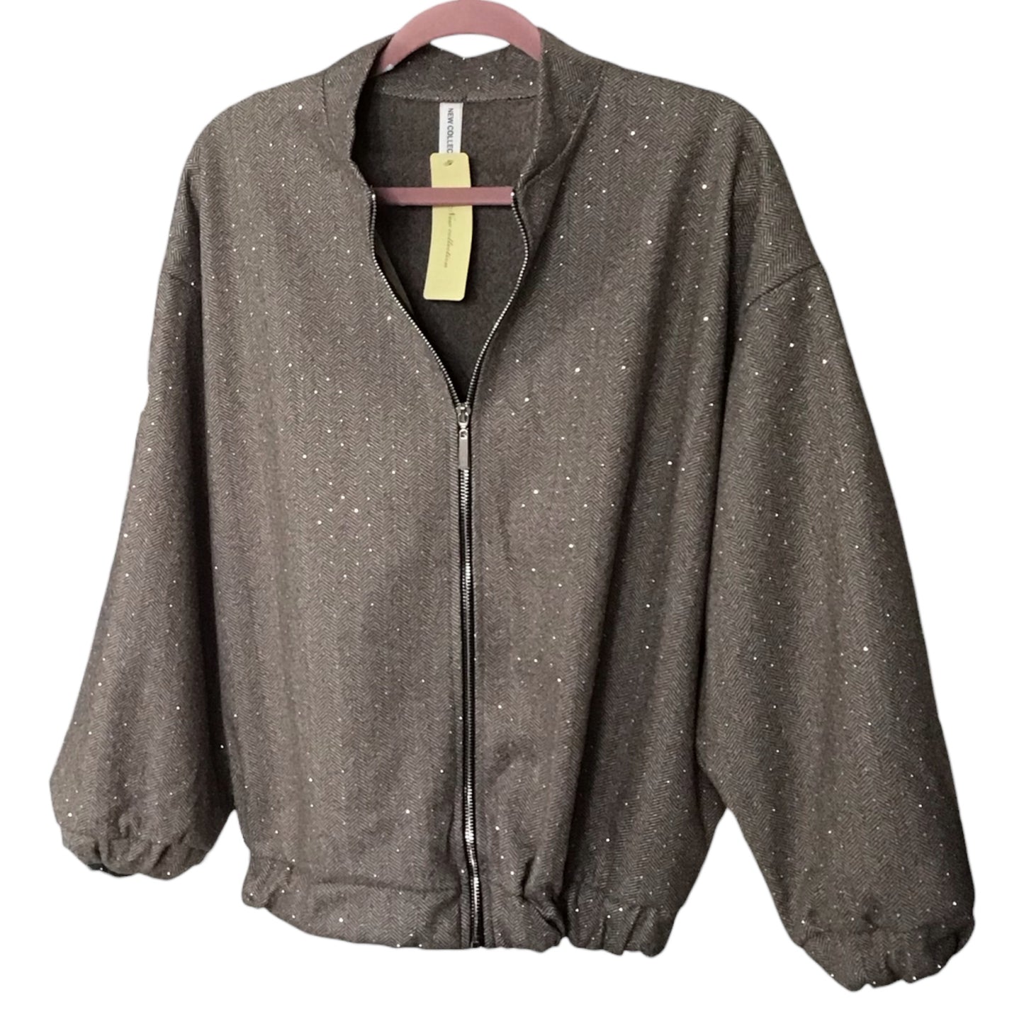 Cora. Herringbone Bomber Jacket adorned with Sparkling Gemstones.