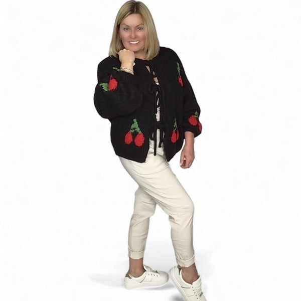 Sandy. Super Soft & Cozy Knitted Cardigan with Cherries to Front.