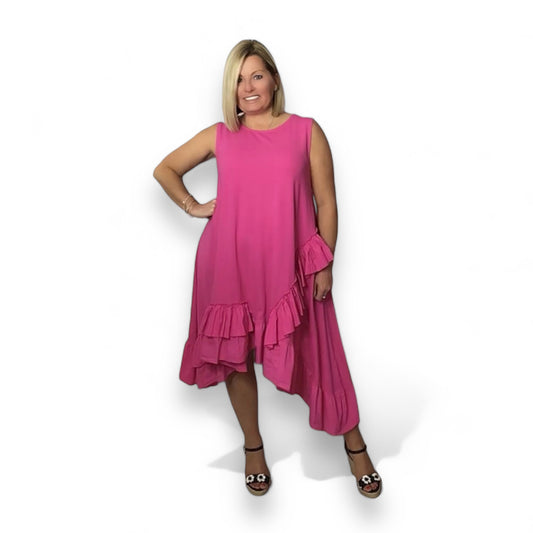 MAGGIE. Jersey ruffle trim dip hem dress.