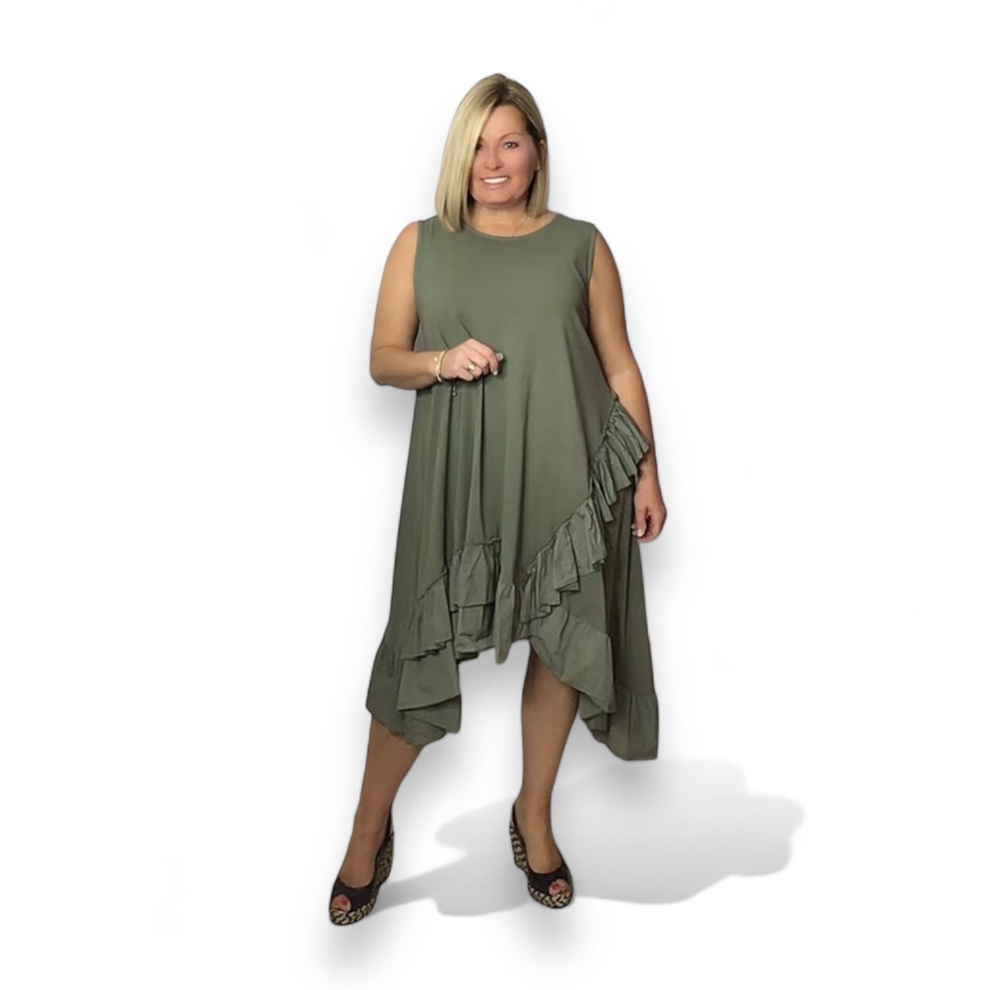 MAGGIE. Jersey ruffle trim dip hem dress.