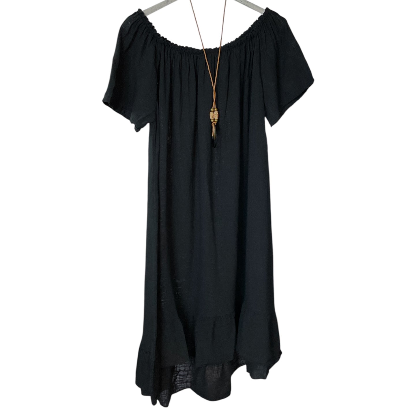 EMERSON. Linen Style on/off Shoulder Dress with Necklace