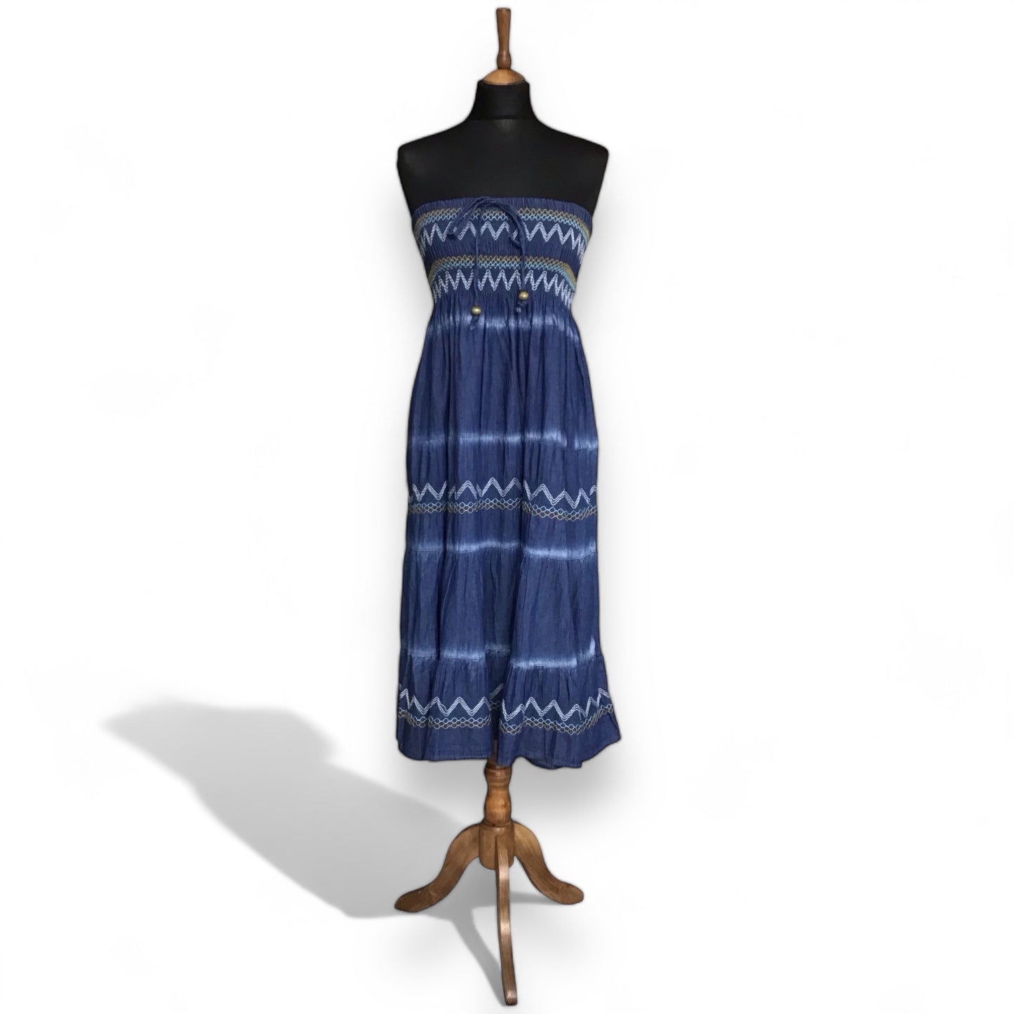 LAVITA. Boho Smocked Waist Denim Maxi Skirt/Dress.