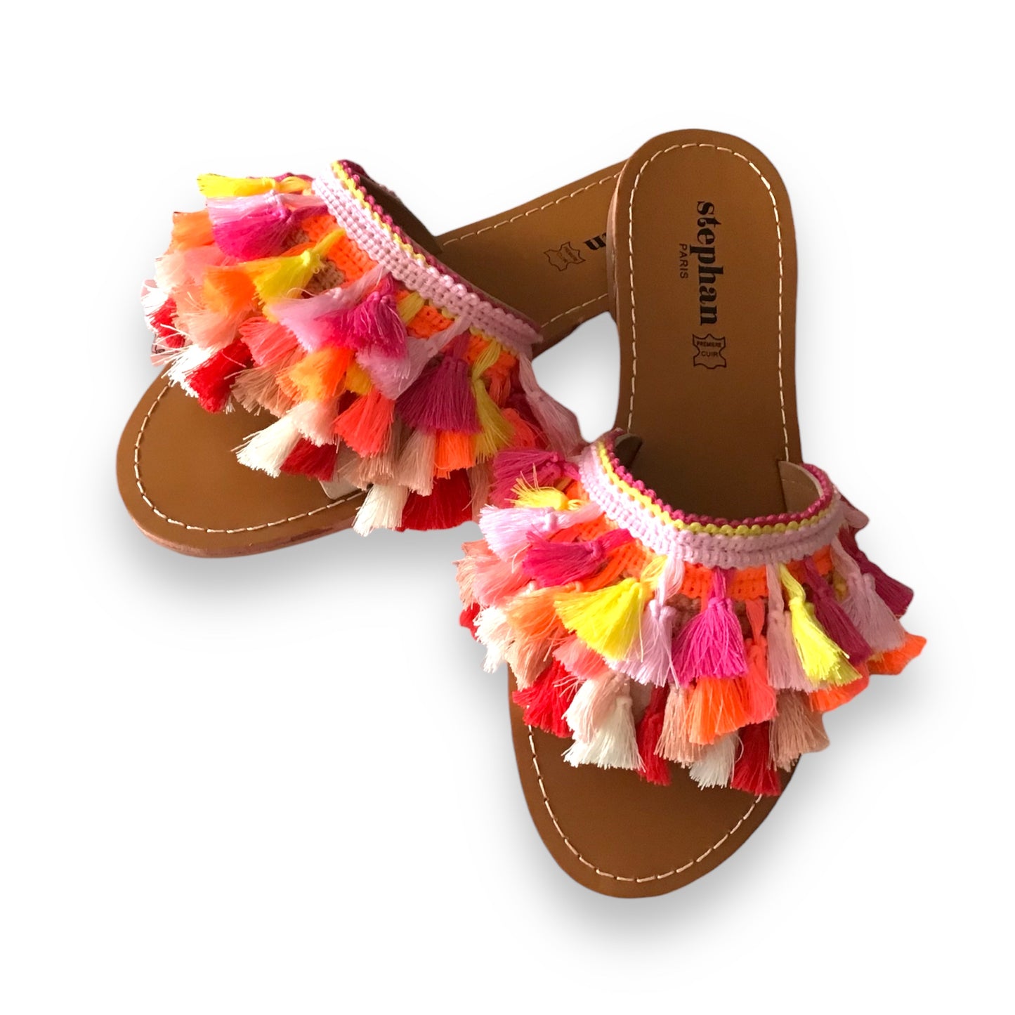 CAMILLA. Bright Tassel Fringe Flat Sliders