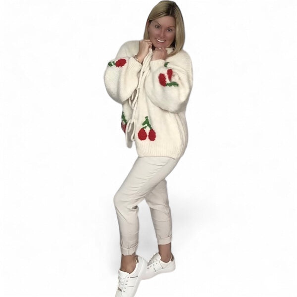 Sandy. Super Soft & Cozy Knitted Cardigan with Cherries to Front.