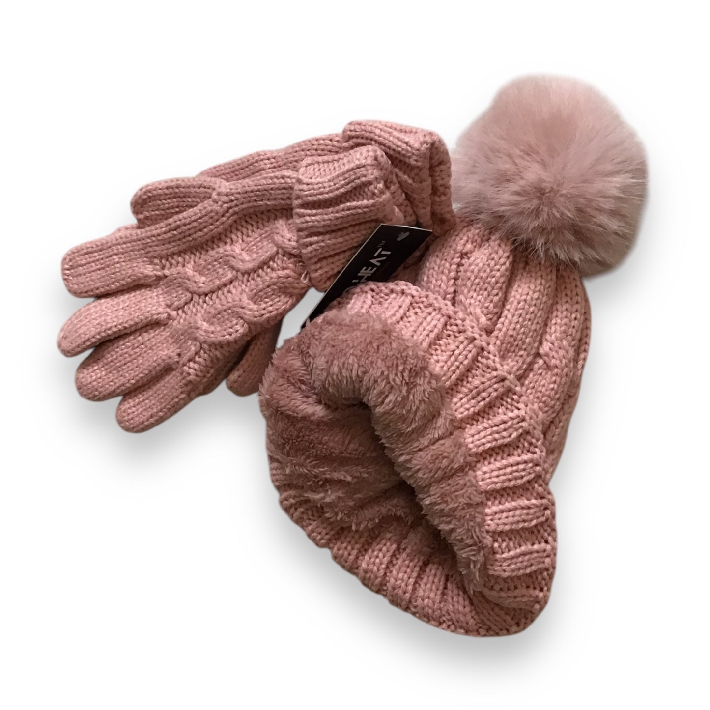 Maya. Cozy Plush Lined Cable Knit Pompom Hat & Matching Gloves.