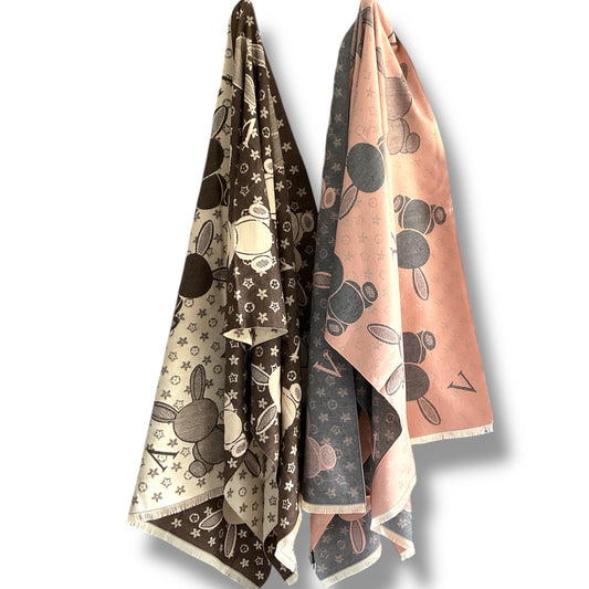 Wool Blend Scarf with Bunny & Clover Design