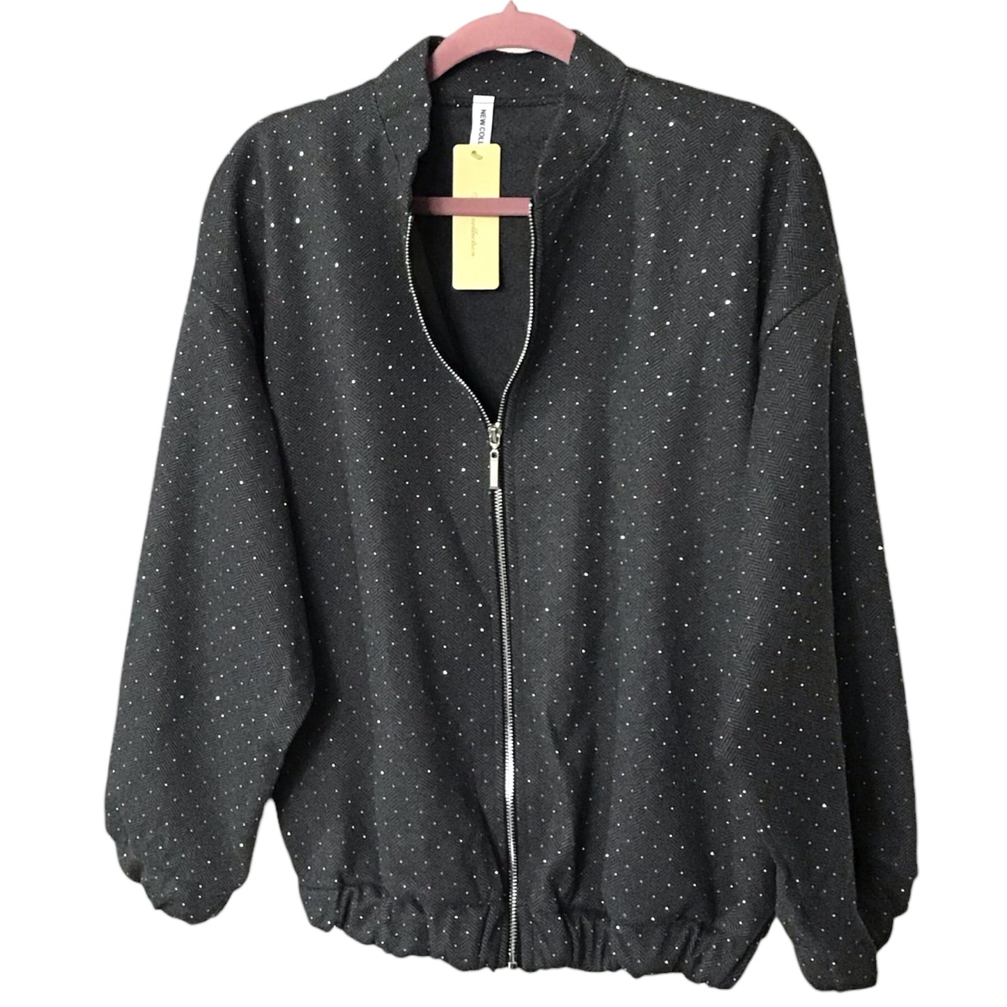 Cora. Herringbone Bomber Jacket adorned with Sparkling Gemstones.