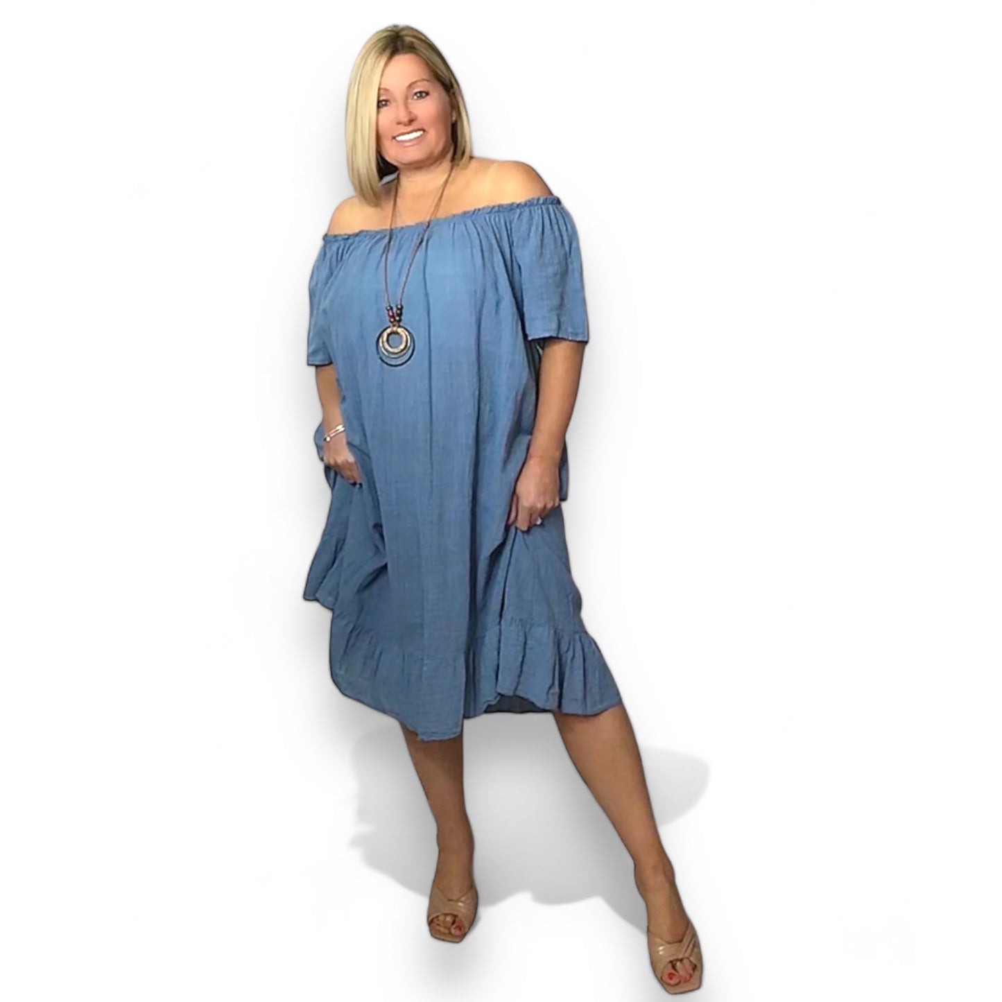 EMERSON. Linen Style on/off Shoulder Dress with Necklace