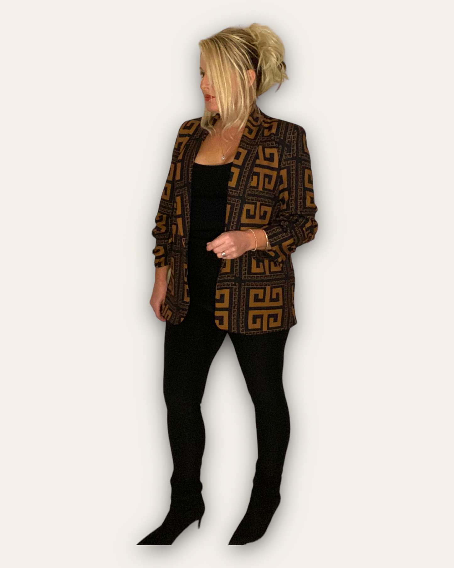 CAMEL GREEK PRINT RUCHED SLEEVE BLAZER