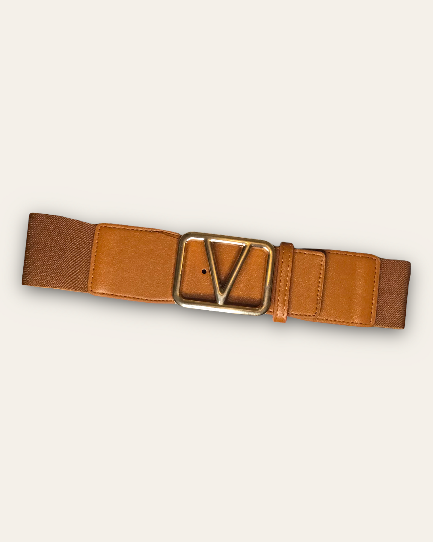 BROWN V LOGO GOLD BUCKLE ELASTIC WIDE BELT