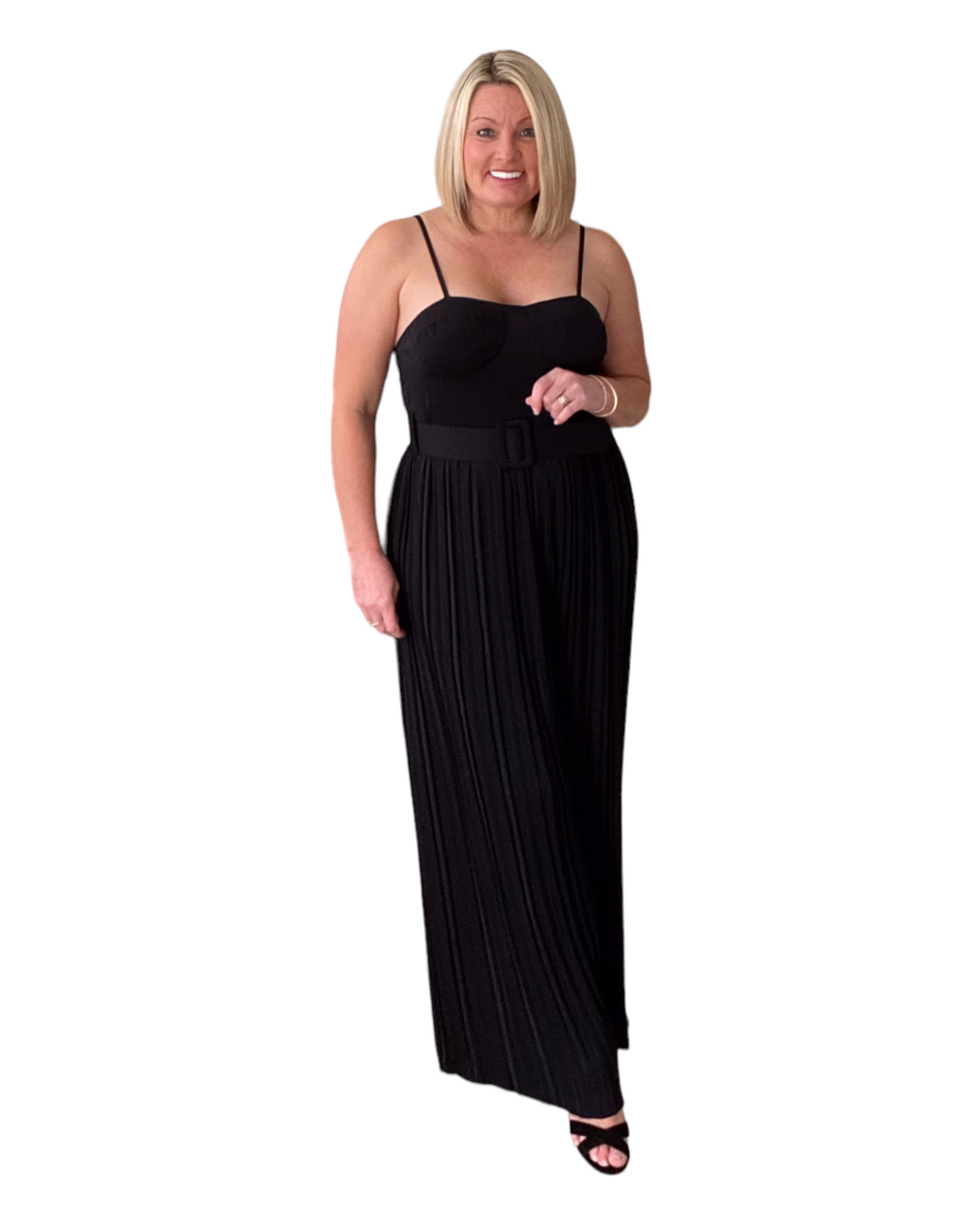 BLACK STRAPPY PLEATED WIDE LEG JUMPSUIT