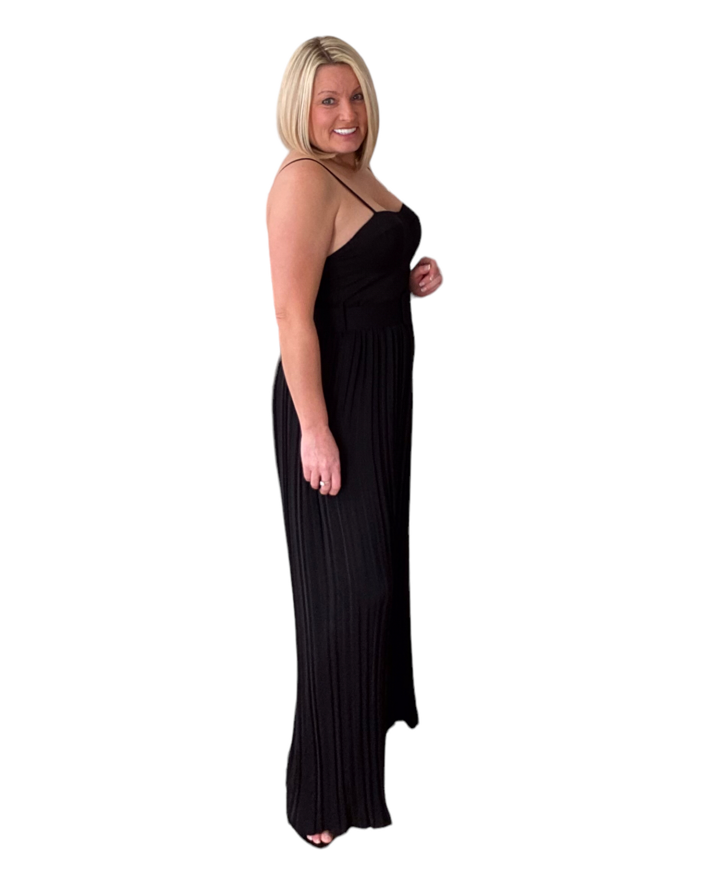 BLACK STRAPPY PLEATED WIDE LEG JUMPSUIT