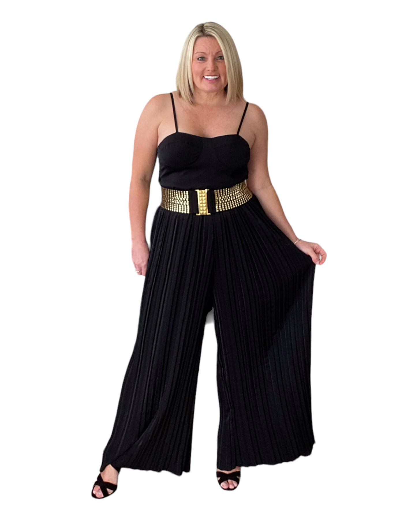 BLACK STRAPPY PLEATED WIDE LEG JUMPSUIT