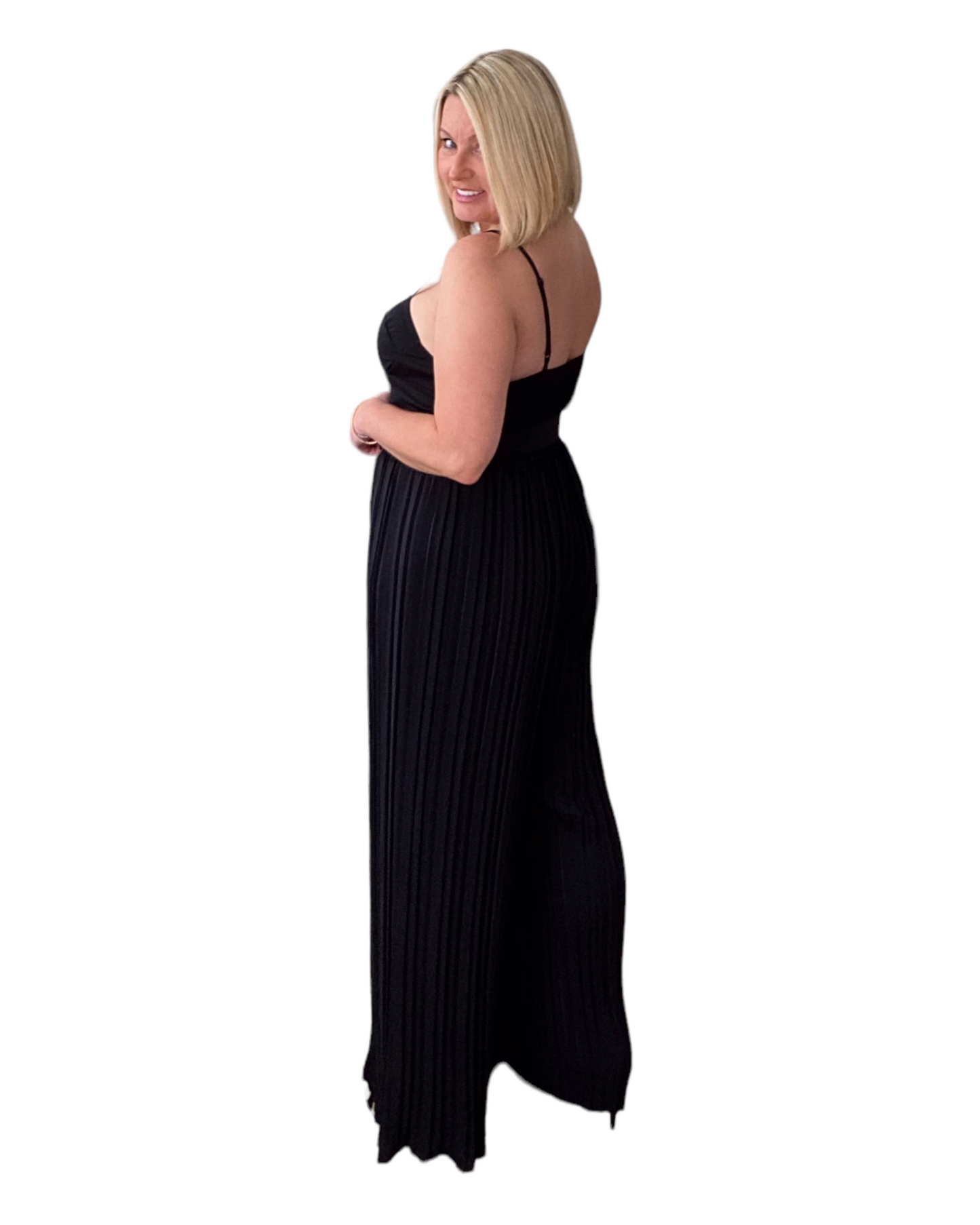 BLACK STRAPPY PLEATED WIDE LEG JUMPSUIT