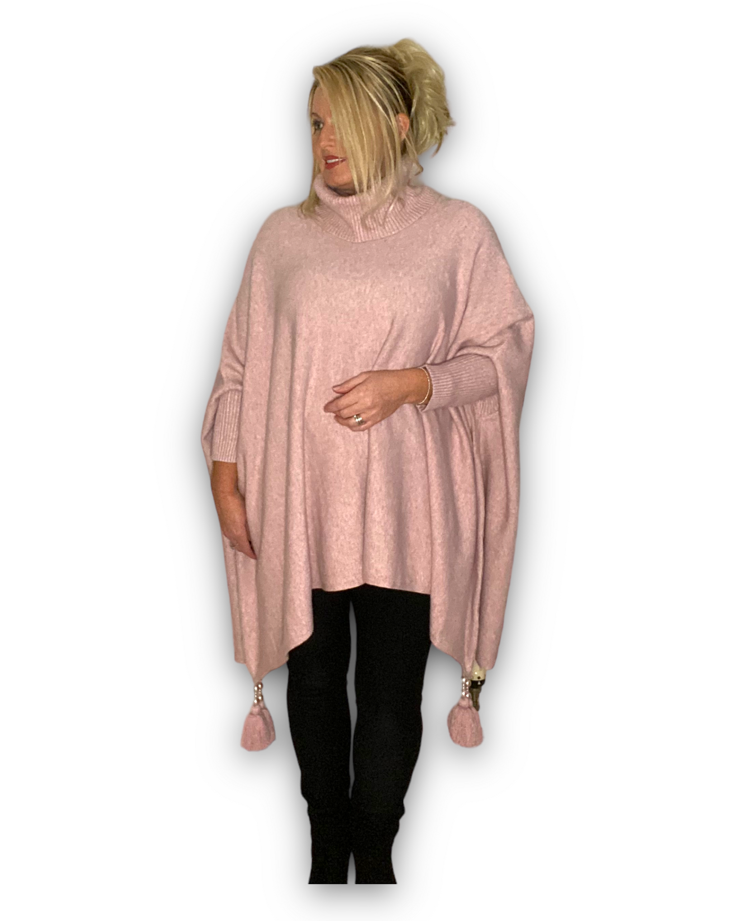 CHANDLER. Super sort roll neck tassel poncho/jumper